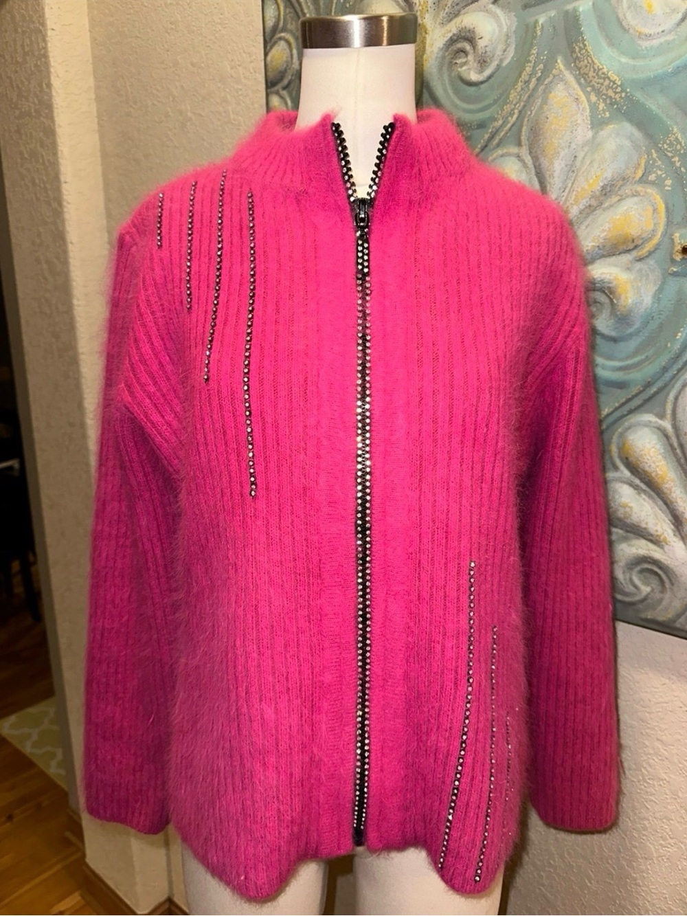 Venesha Womens M 80% Angora Pink Rhinestone Zip Cardigan Sweater Y2K Fuzzy - Picture 2 of 11